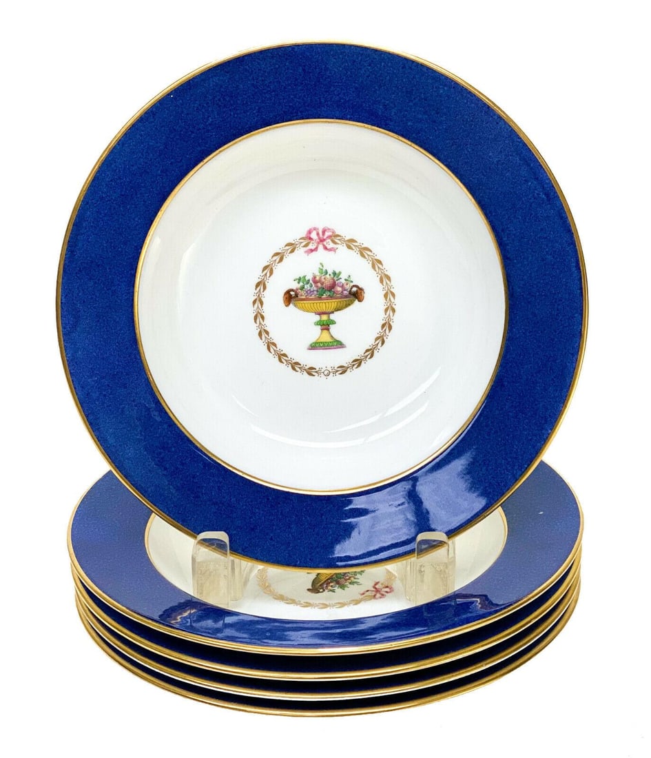 5 Copeland Spode England Porcelain Cobalt Blue & Gilt Rimmed Soup Bowls, c1900 (1 of 5)