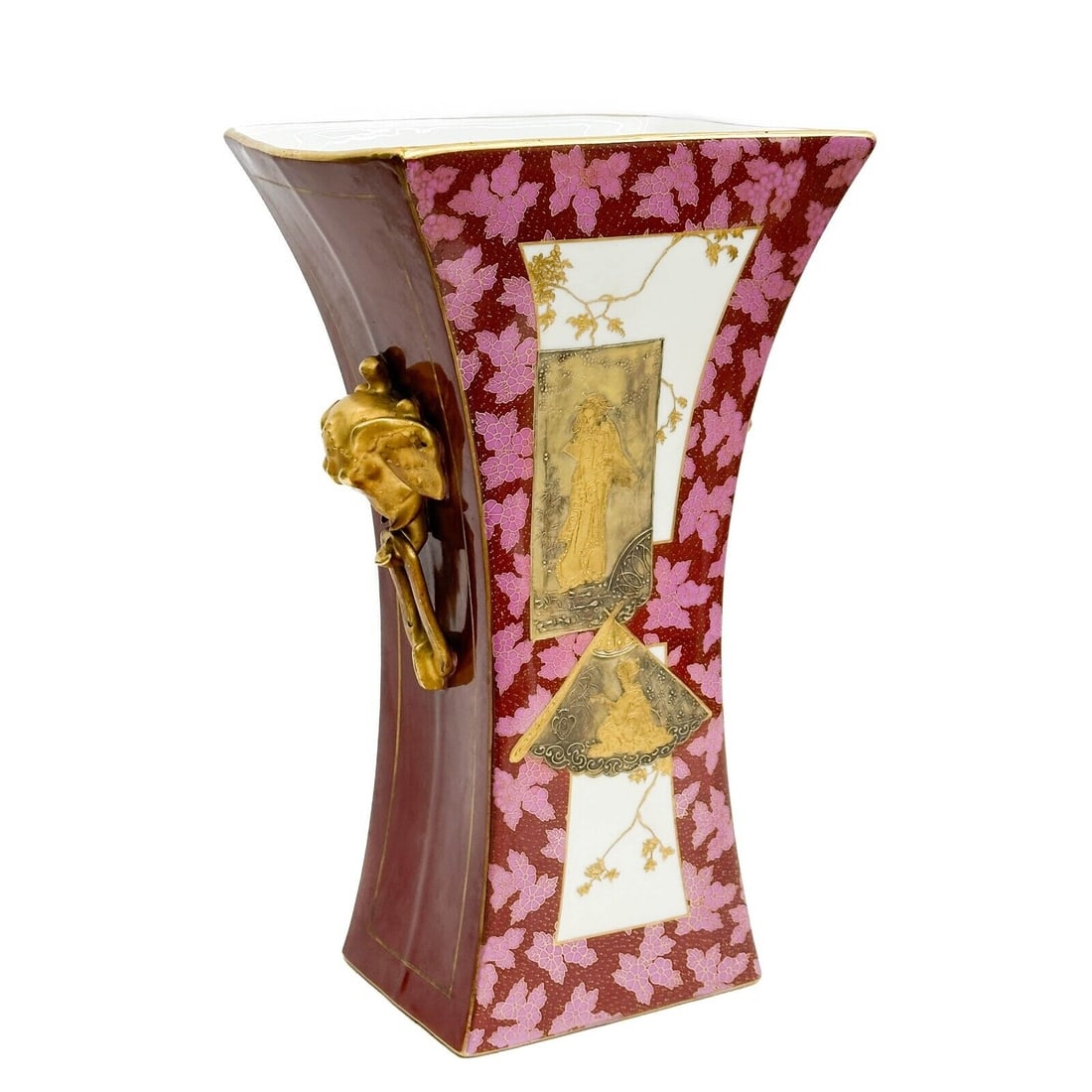 French Japonisme 2 Color Gilt Porcelain Vase Fans Pink circa 1910: French Japonisme 2 color gilt porcelain vase, circa 1910. A red ground decorated with pink florals and gilt accents. Gilt scenes of figures to the center, gilt head form handles. Underside with raised