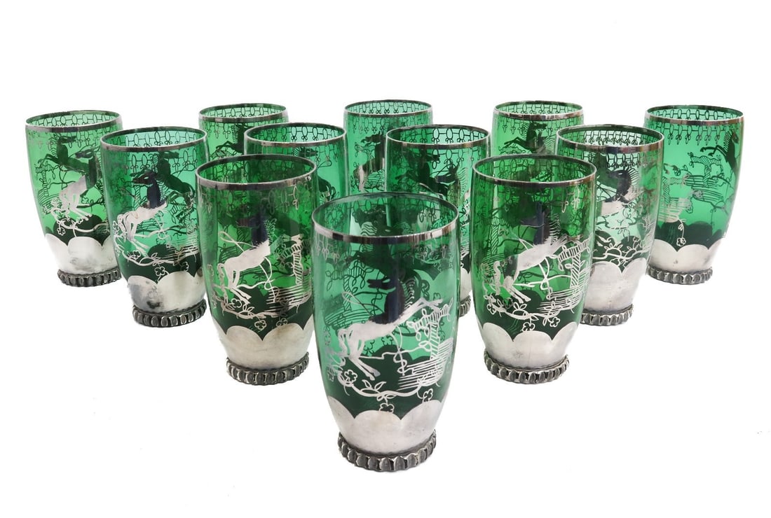 12 Murano Green Colored Glass and Silver Overlay Horse Water Goblets (1 of 8)