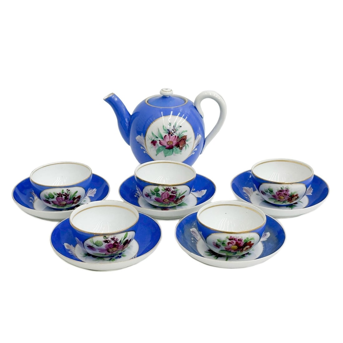 Gardner Imperial Russian Blue Porcelain Teapot and Cup & Saucers for 5 c1890 (1 of 10)