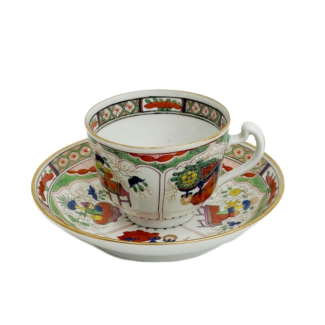 English Hand Painted Porcelain Cup & Saucer Dragons in Compartments 19th cen: English Hand Painted Porcelain Cup and Saucer in Dragons in Compartments, 19th century. Ornate hand painted decoration throughout. Apparently unmarked. Weight: Approx. .5 lb Measurements: Approx. Cup: