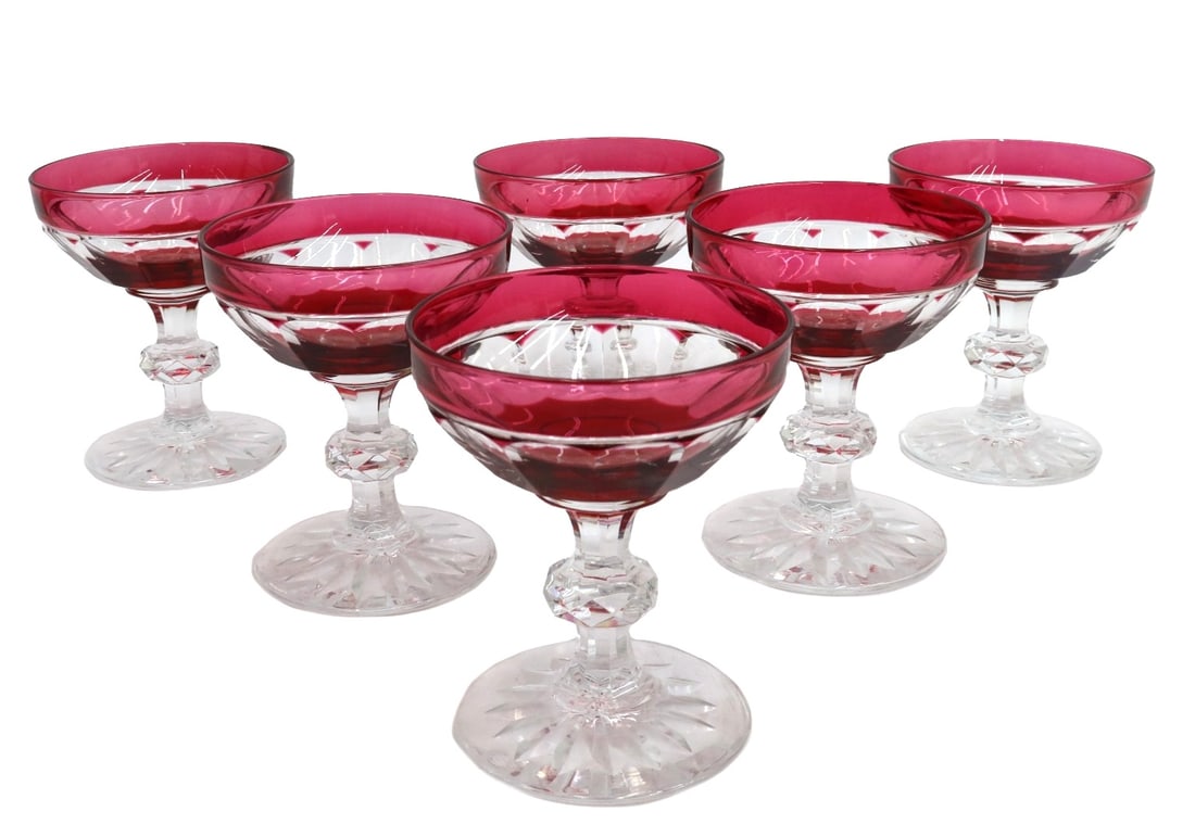 6 Cranberry Red Cut to Clear 4oz Champagne Glass Saucers (1 of 5)