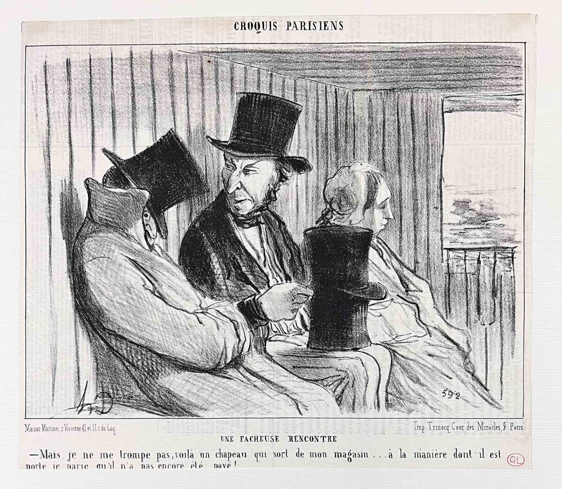 Honore Daumier Lithograph Une Facheuse Rencontre 1854: Honore Daumier (French 1808 -1879) Lithograph on newsprint, captioned 'Une Facheuse Rencontre', no. 4 in series Croquis Parisiens, published in Le Charivari 1854. 2nd state, without number 4. Collecto