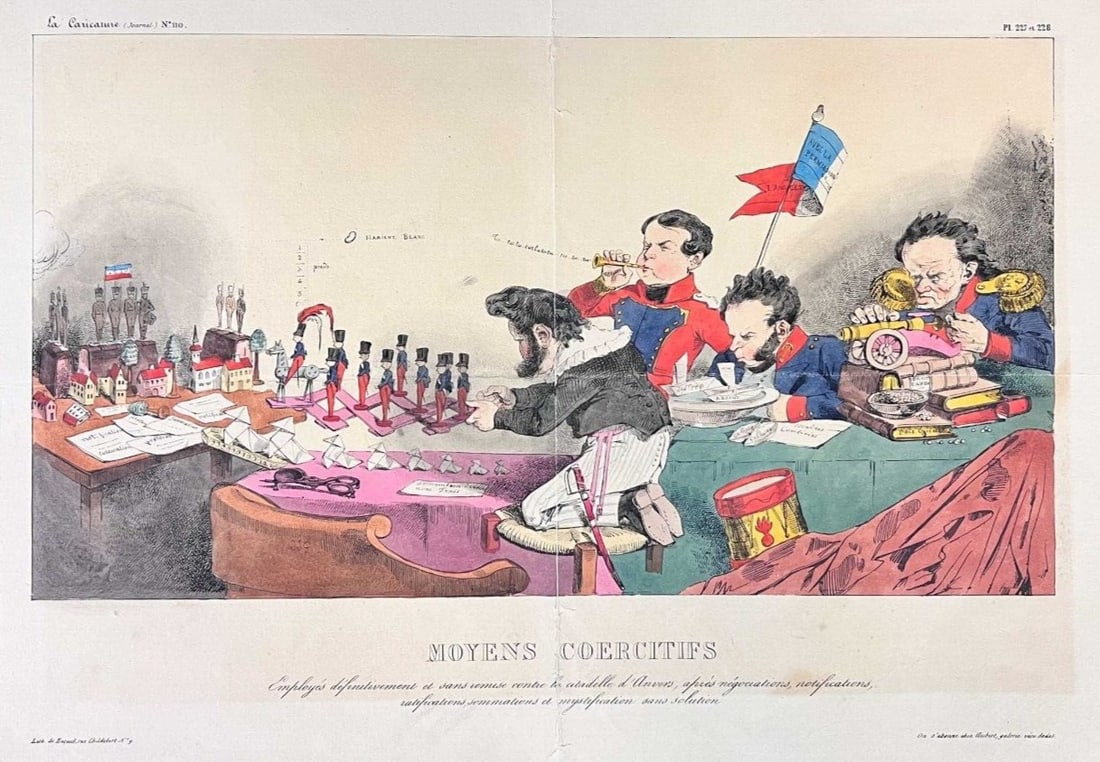 Jean Jacques Grandville Hand Colored Lithograph Moyens Coercitifs c1832: Jean Ignace Gerard (Grandville) (1803-1847) Hand colored Lithograph on wove paper, captioned, 'Moyens Coercitifs' published in la Caricature December 13, 1832. Denounces France's participation in the 