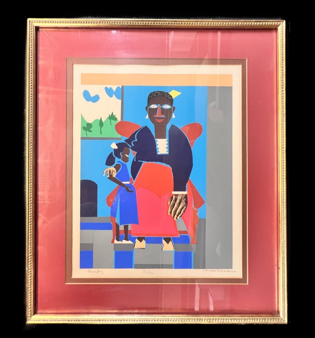 Romare Bearden Serigraph Family 1980 Signed: Romare Bearden (American 1911-1988) Serigraph on paper, titled 'Family', image of a woman and child. 1980. Signed in pencil lower right, limited edition of 180. Framed and glazed. Artist, author, and 
