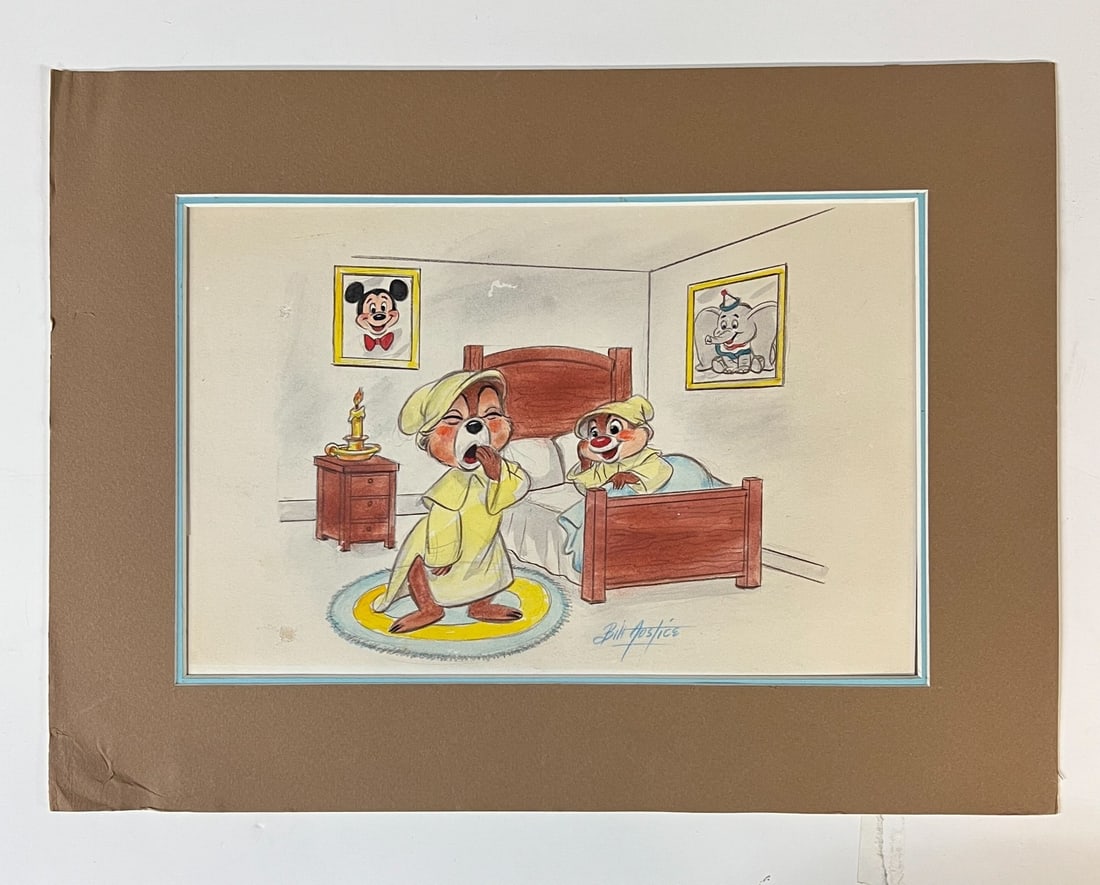 Bill Justice Watercolor Mixed Media painting Chip and Dale: William Barnard Justice ( 1914 - 2011) Original hand-painted watercolor, pencil artwork of Disney characters Chip and Dale, signed lower right by William Justice. Bedroom scene with images of Mickey M