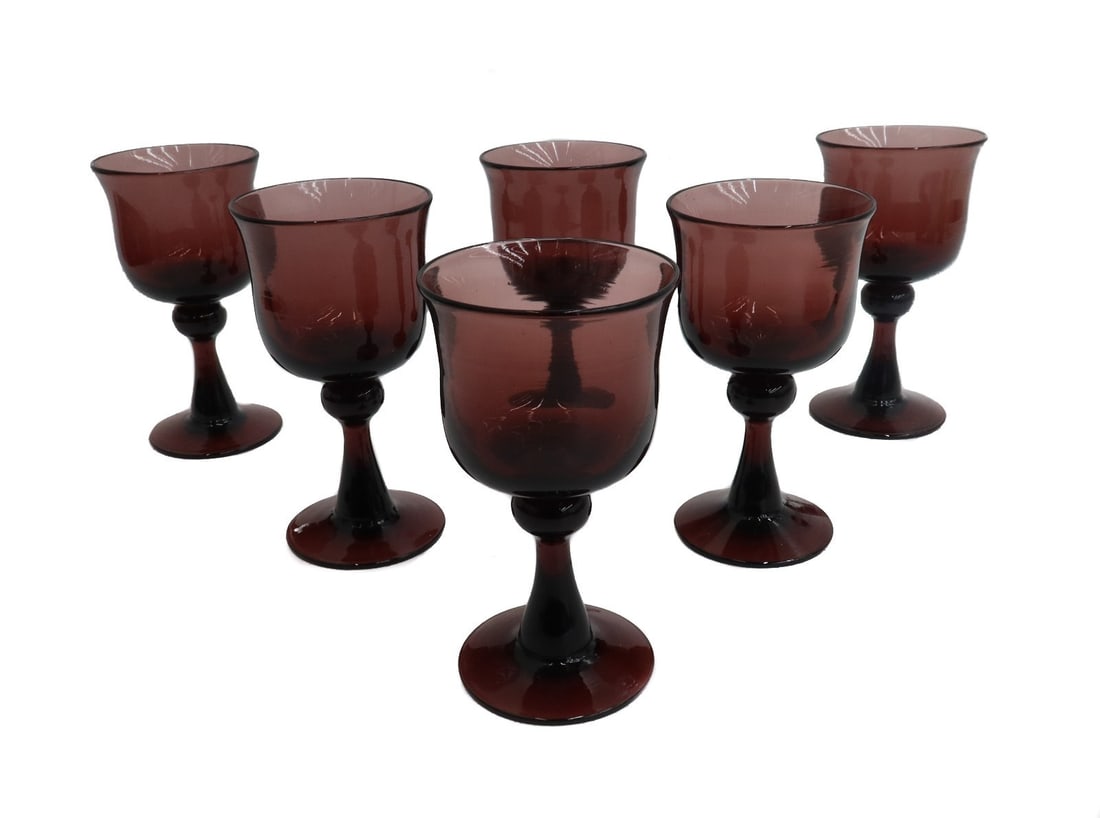6 American Blown Amethyst Glass 6 ounce Tulip Shaped Wine Goblets 20th C (1 of 4)