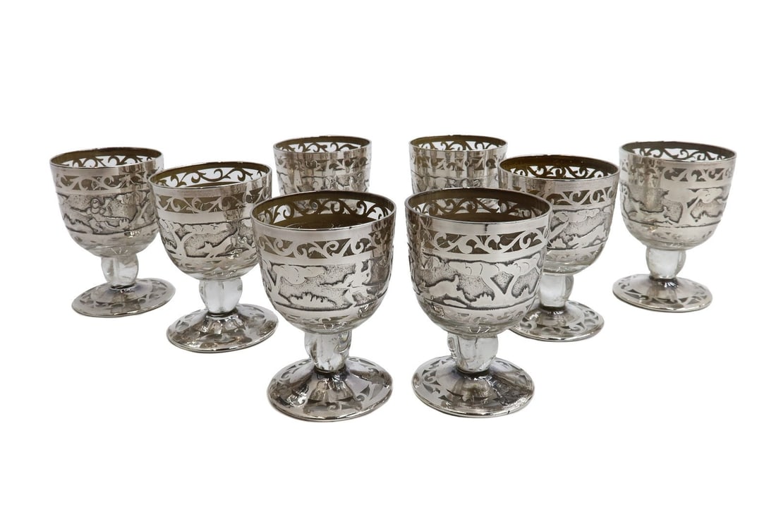 8 American Blown Glass Acid Etched Silver Overlay 2oz Claret Wine Goblets (1 of 5)