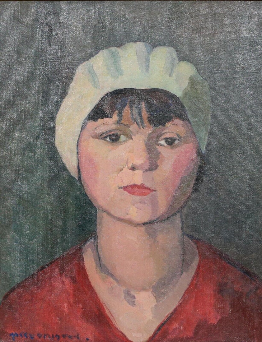 Oil painting on canvas, Impressionistic Portrait woman with white bonnet: Oil painting on canvas, Portrait woman with white bonnet, signed lower left indistinct, wood frame. 8lbs Measurements: Approx. painting 16.25 x 20 inches; frame 21.25 x 25.25 Condition: Painting in gr
