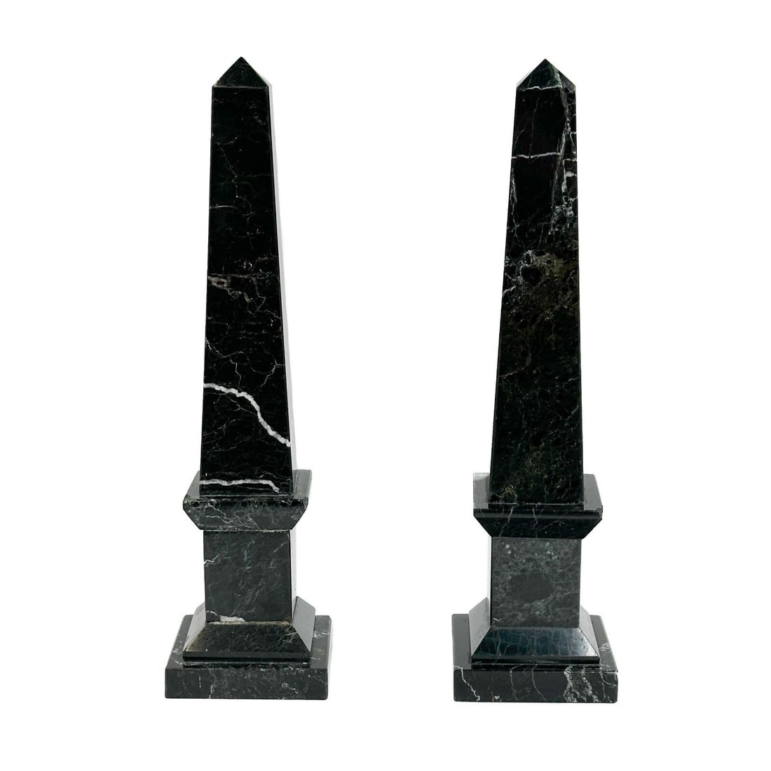 Pair Nero Antico Black Marble 14.75 inch Obelisks: Pair Nero Antico Black Marble Obelisks Weight: Approx. 12 lbs Measurements: Approx. 4 inches x 3.75 inches x 14.75 inches tall Condition: chips to corners, please refer to photos. Domestic Shipping:$7