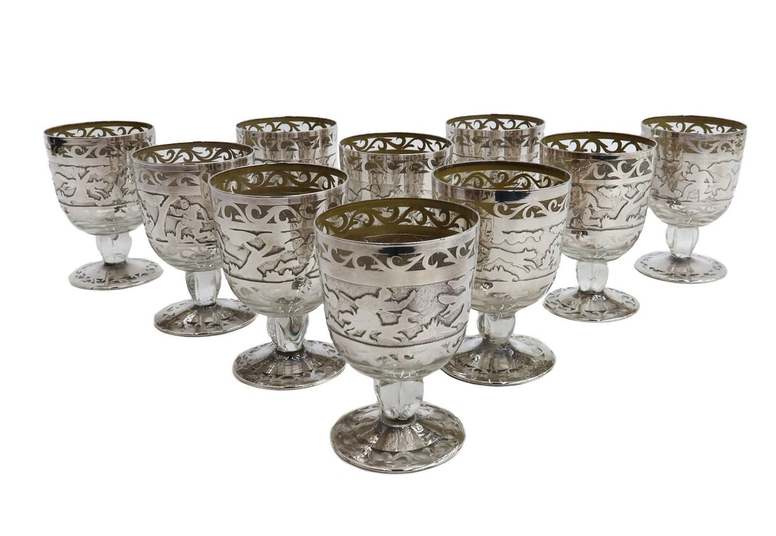 10 American Blown Glass Acid Etched Silver Overlay 5oz Wine Goblets (1 of 6)
