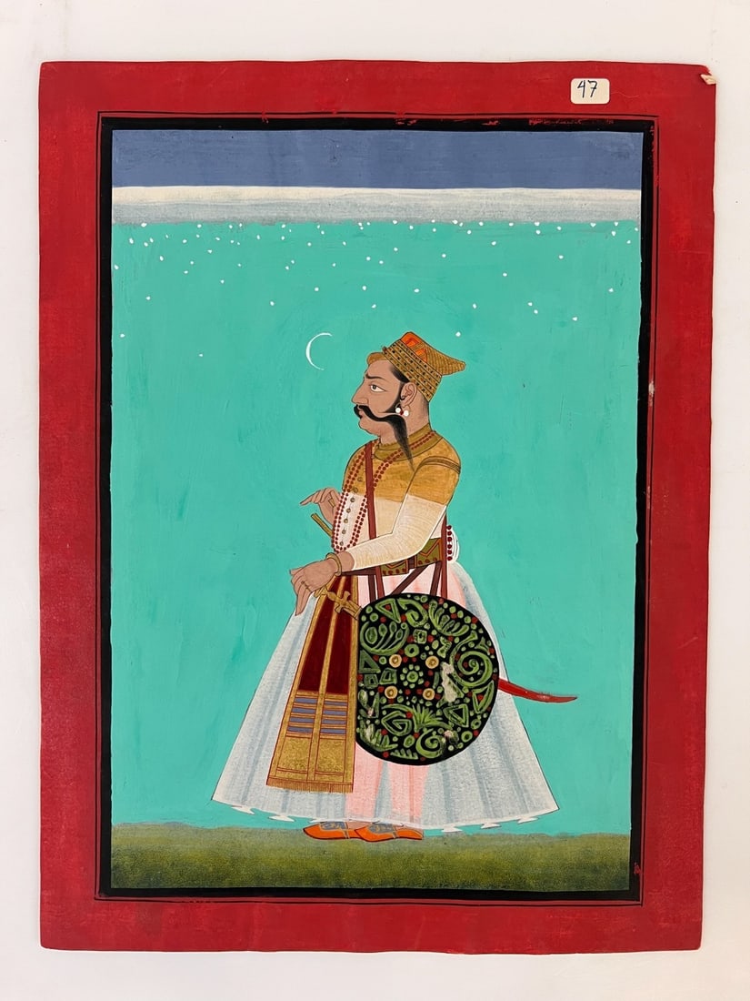 Gouache painting Mewar ruler Maharana Sangram Singh: Watercolor / Gouache painting, c18-19th century, possibly the standing portrait of a Mewar ruler, Maharana Sangram Singh (1508-1528). Gouache with gold pigments. Unframed. (GB) Measurements: Approx. s