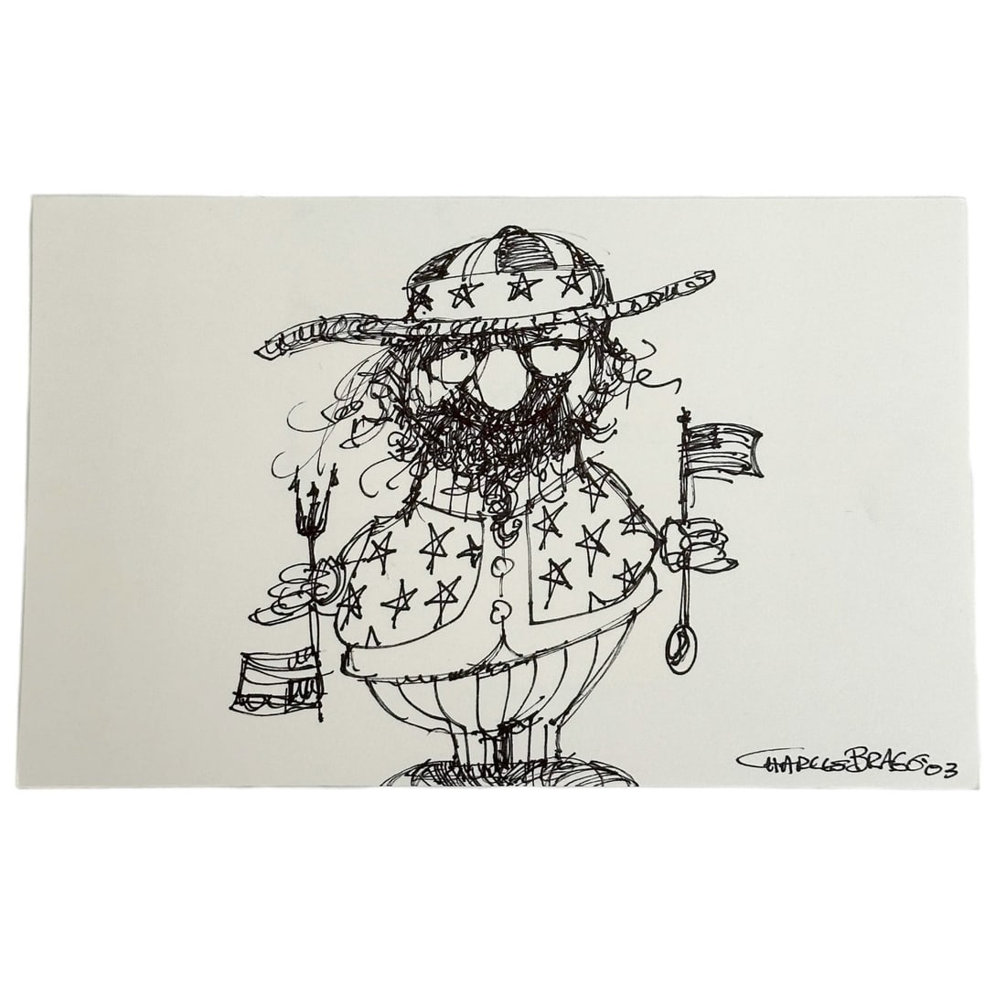 Charles Bragg Stars Flag Little Devils Fork Pen Ink Drawing on Paper Signed 03: Charles Bragg (American, 1931-2017) "Stars, Flag, Little Devil's Fork" Original Pen Ink Drawing on Paper. Artist signed to the lower right side and dated '03. Unmatted and unframed. Attached handwritt