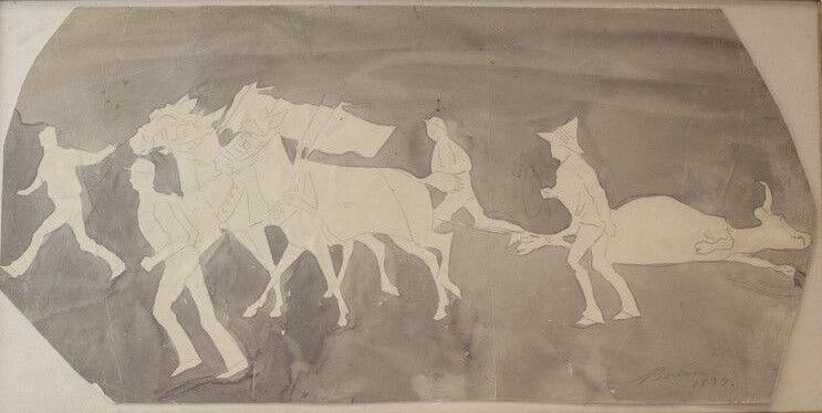 John Edward Borein (American 1872 - 1945) Drawing w/ ink wash, signed Bullfight (1 of 5)