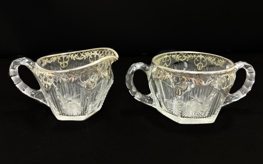 Glass Ribbed and Silver Overlay Acid Etched Creamer and Sugar Bowl. Florals (1 of 5)