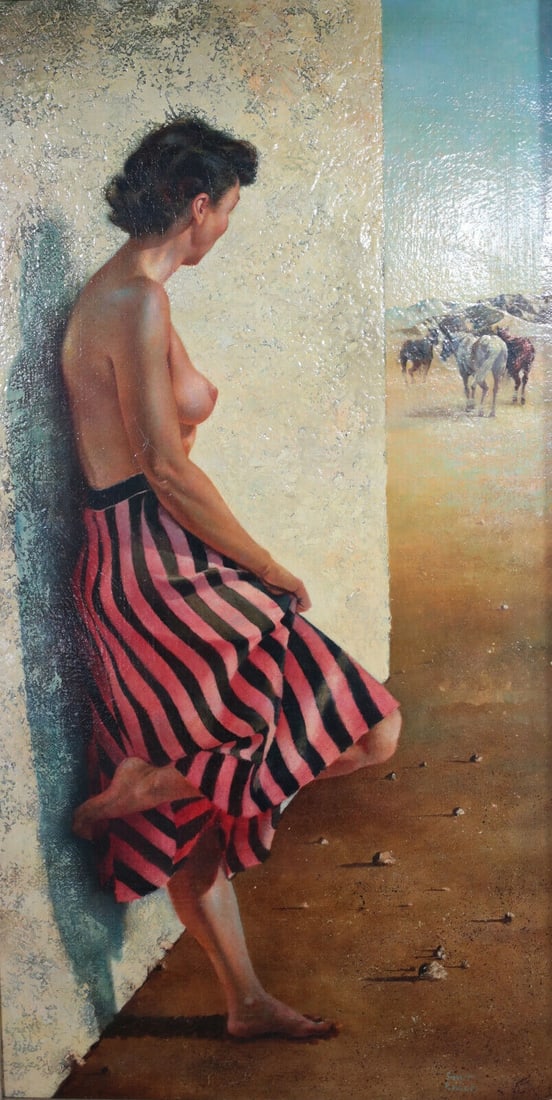 Chester "Chet" Engle (American 1918 - 1994) Oil Painting Nude,: Chester "Chet" Engle (American 1918 - 1994) Oil Painting on masonite board, titled "Bright Tranquility". Mid century. Signed lower right, also on reverse, titled, numbered by artist. In white wash and