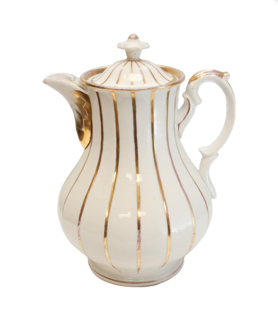 Berlin KPM Germany Porcelain Gilt Coffee Pot, Stripes: Berlin KPM porcelain gilt coffee pot. Gilt stripes throughout. KPM Mark to the underside. Weight: Approx. 1.5 lbs Measurements: Approx. 6.5 inches x 6.25 inches x 10 inches tall Condition: Great condi