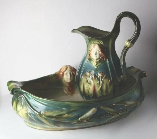 Franz Mehlem Porcelain Wash Bowl / Basin & Pitcher, Art Nouveau design (1 of 12)