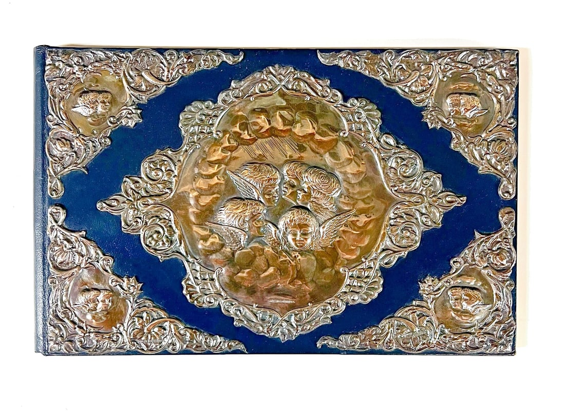 Vintage Leather Sterling Silver Travel Stationery Writing Case w/ angels: Ari D. Norman navy blue leather travel writing folio with sterling silver repousse mounts with angels. Hallmarks on all silver pieces. London 1990. Interior has grosgrain fabric for paper and envelope