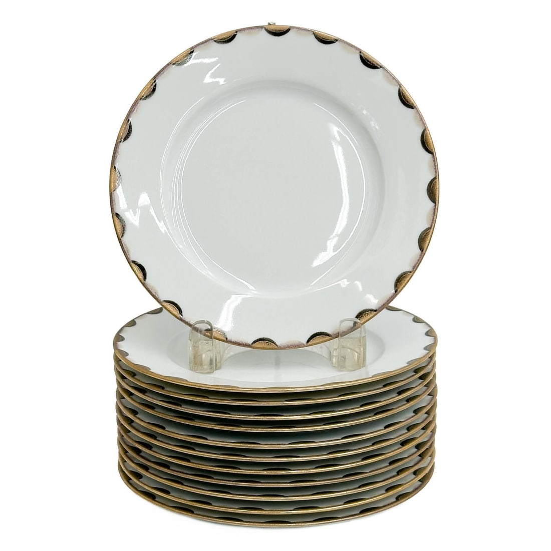 12 Puiforcat France Martha Rahm Porcelain Dessert Plates in Trocadero Noir: 12 Puiforcat France Porcelain Dessert Plates in Trocadero Noir. A white ground with black and gilt decoration to the rim. Underside marked Puiforcat France "Trocadero" Noir Martha Rahm Peint Main. Wei