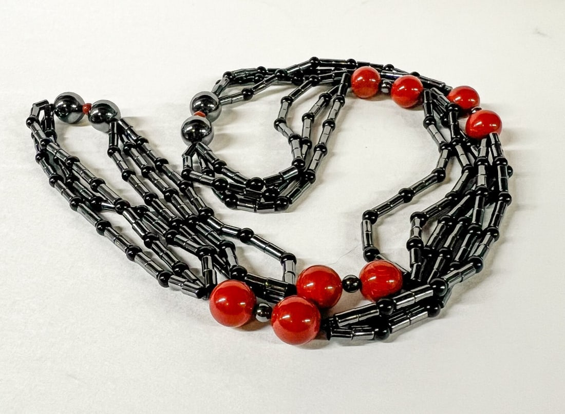 Hematite Jasper and Onyx Continuous Multistrand Beaded Necklace 28" (1 of 5)