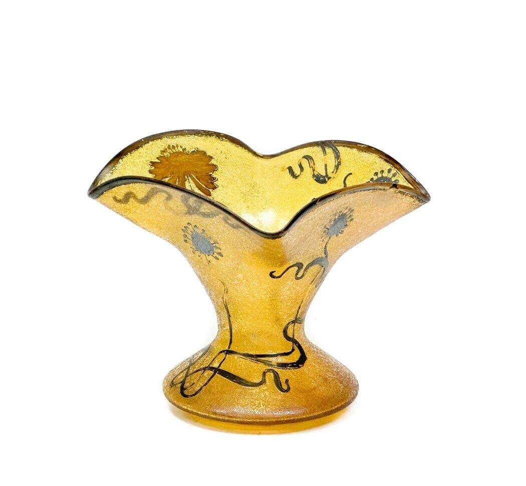 Yellow Art Glass Vase Silvered Florals early 20th cen: Silvered Art Glass Vase, early 20th century. Yellow glass vase with a textured iridescent finish. Silvered floral ribbon overlay. Rough pontil to the underside. Weight: Approx. 1 lb Measurements: Appr