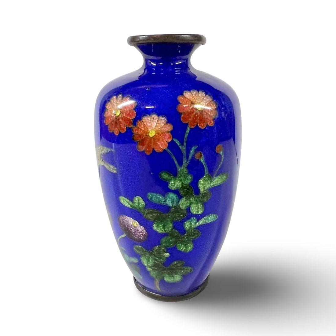 Miniature Japanese Meiji Period Japanese ginbari cloisonne vase cobalt blue: Antique Miniature Japanese ginbari moriage cloisonne vase, likely from the early 20th century. Deep cobalt blue enamel background with floral design and bird. Makers mark stamped on foot. Measurements