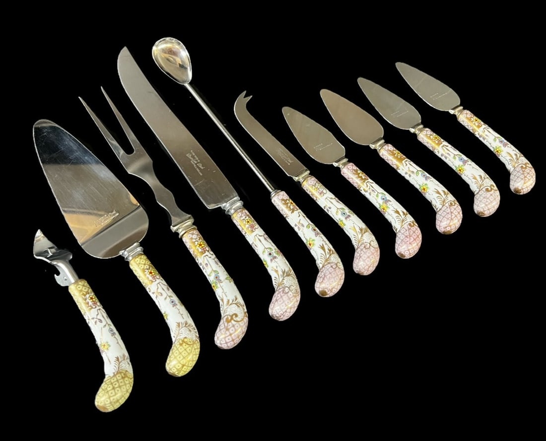 10pc AE Lewis Floraine Sheffield Cutlery Serving Pieces porcelain handles: Ten piece Floraine AE Lewis Sheffield Cutlery Serving Pieces, porcelain handles - pink and green, gilt, jeweled details. Comprises, bottle opener, pie and cake server, carving knife, carving fork, fou