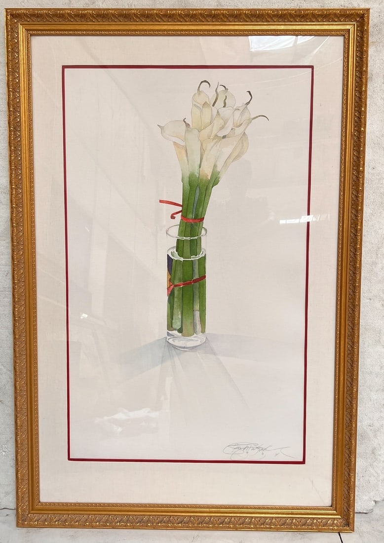 Gary Bukovnic Watercolor Painting Calla lilies in a vase: Gary Bukovnic (American 1947-) Watercolor on paper, Calla lilies in a vase. Signed and dated (1984) lower right. Wood frame and glazed. Approx. 14lbs (UPSR) Measurements: Approx. image area 23.5 x 38.