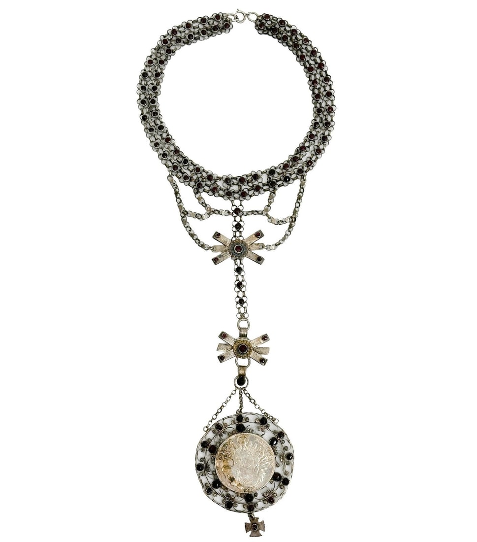 Silver Necklace Chain Mounted German Bavaria 1774 Thaler Coin: Silver Necklace Chain with Mounted German Bavarian 1774 Thaler Coin. Mounted red paste stones. Weight Approx. 112g / 3.6 ozt gross Measurements: approx. Coin: 1.625 inches diameter / Pendant: 2.75 inc