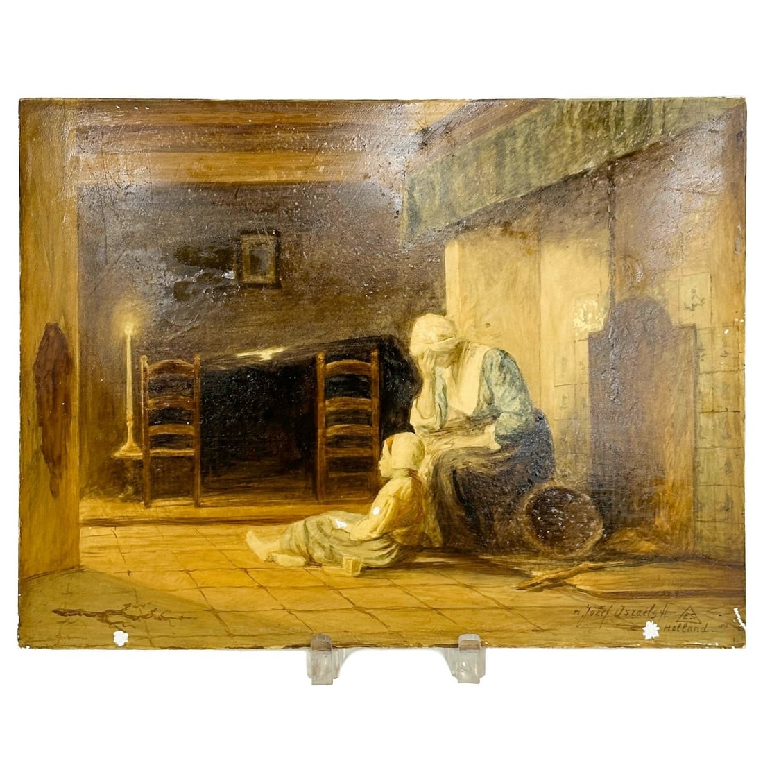 Dutch Painted Porcelain Plaque Grandmother & Child After Jozef Israels Signed ES: 1st half 20th century Hand Painted Porcelain Plaque "Grandmother and Child" After the painting by Jozef Israels (Dutch 1824-1911). Signed to the lower right hand corner Jozef Israels, possible artist 