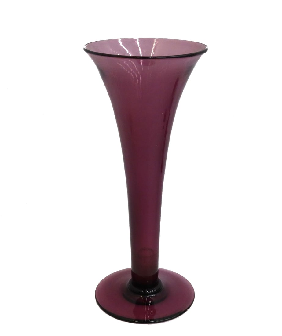 American Amethyst Glass Trumpet Form Vase 1st Half 20th Century: American amethyst glass trumpet form vase, 1st Half 20th Century. Pontil underside, possibly Steuben. Weight: Approx. 1 lb Measurements: Approx. 4.125 inches diameter x 9.75 inches tall Condition: Ver