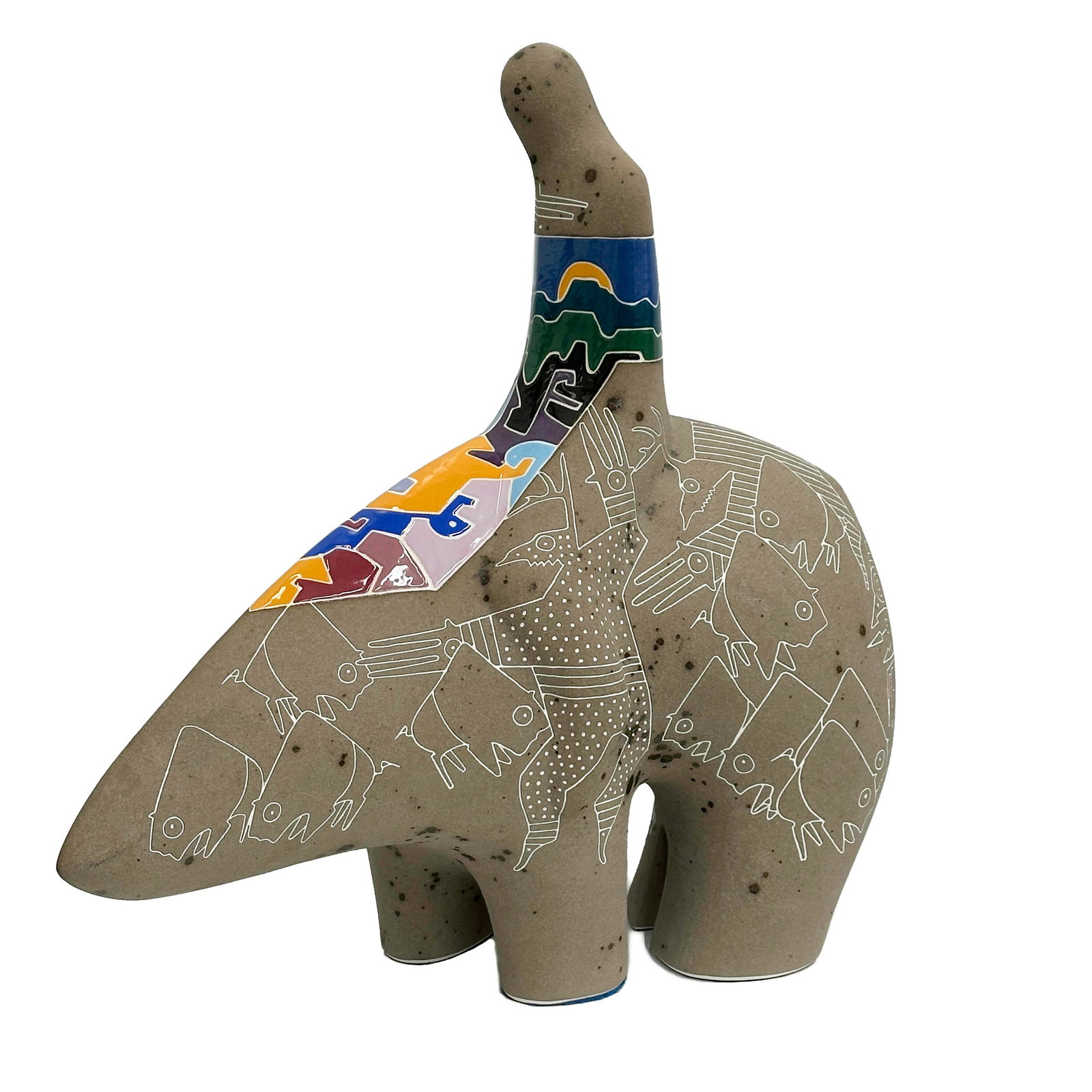 Gene & Rebecca Tobey Partial Glazed Brown Ceramic Bear with Rider Sculpture Signed (1 of 13)