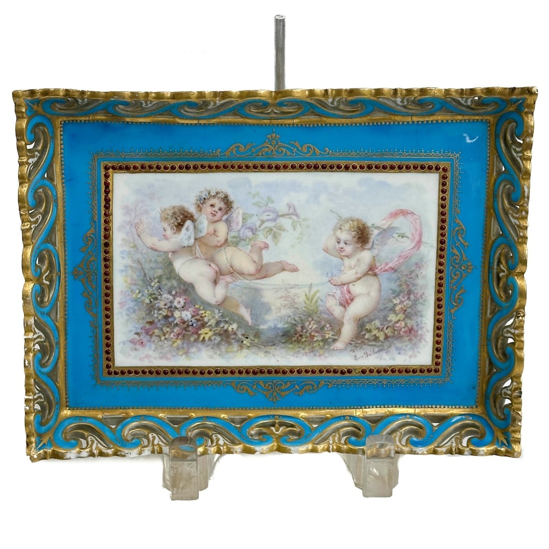 18th century Sevres Porcelain Tray Plateau Tiroir a Jour Cupids Signed: Manufacture de Sevres Hand Painted Reticulated Porcelain Tray Plateau Tiroir a Jour. The porcelain 18th century, later decorated. A blue ground to the edge, hand painted scene with 3 cupids to center,
