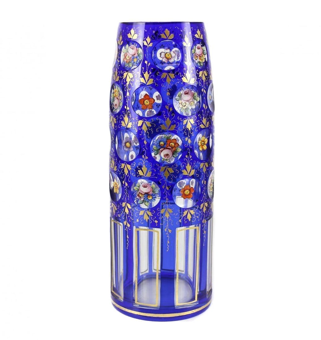 Bohemian Cut Glass Overlay Vase Hand Painted Enamel Flowers 19th Century: Bohemian Cut Glass Overlay Vase, 19th Century Cobalt Blue Floral. An exceptional Bohemian art glass vase dating to the 19th century. Blue glass over clear glass with high quality hand painted gilt and