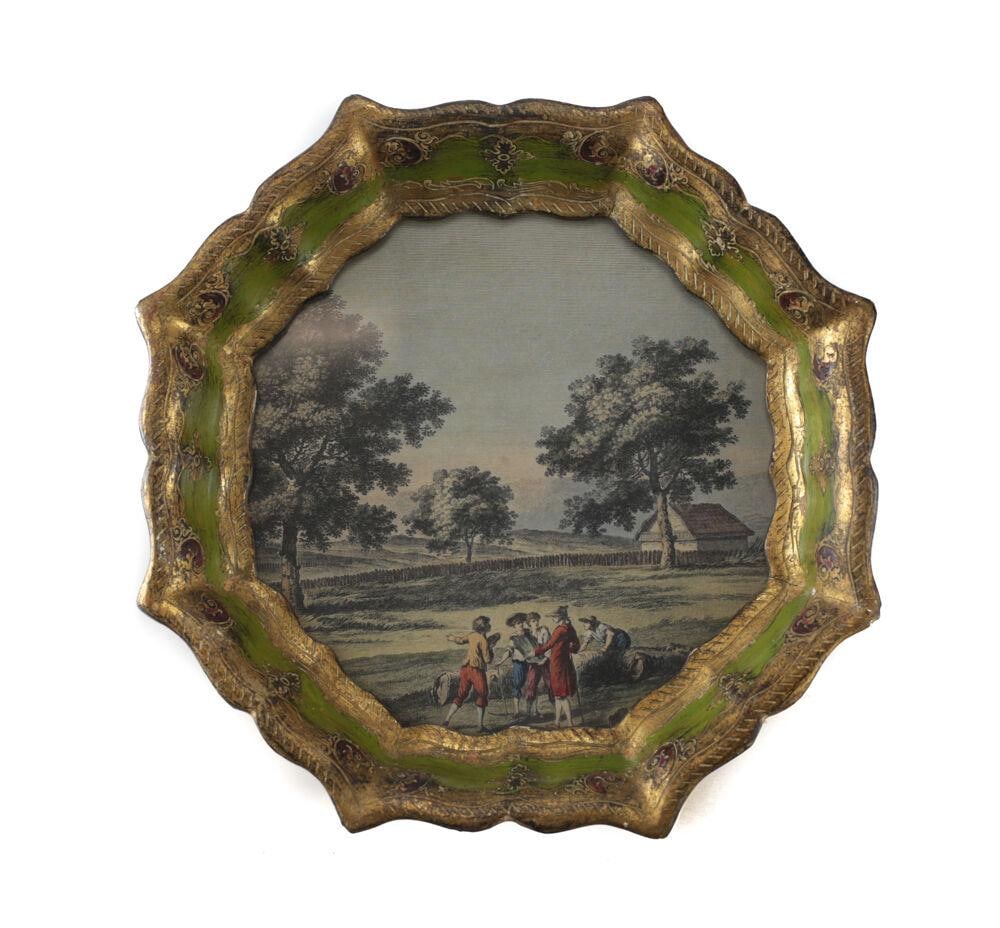 Continental Hand painted gilt Wood frame Tray w/ Hand colored Engraving c1900 (1 of 4)