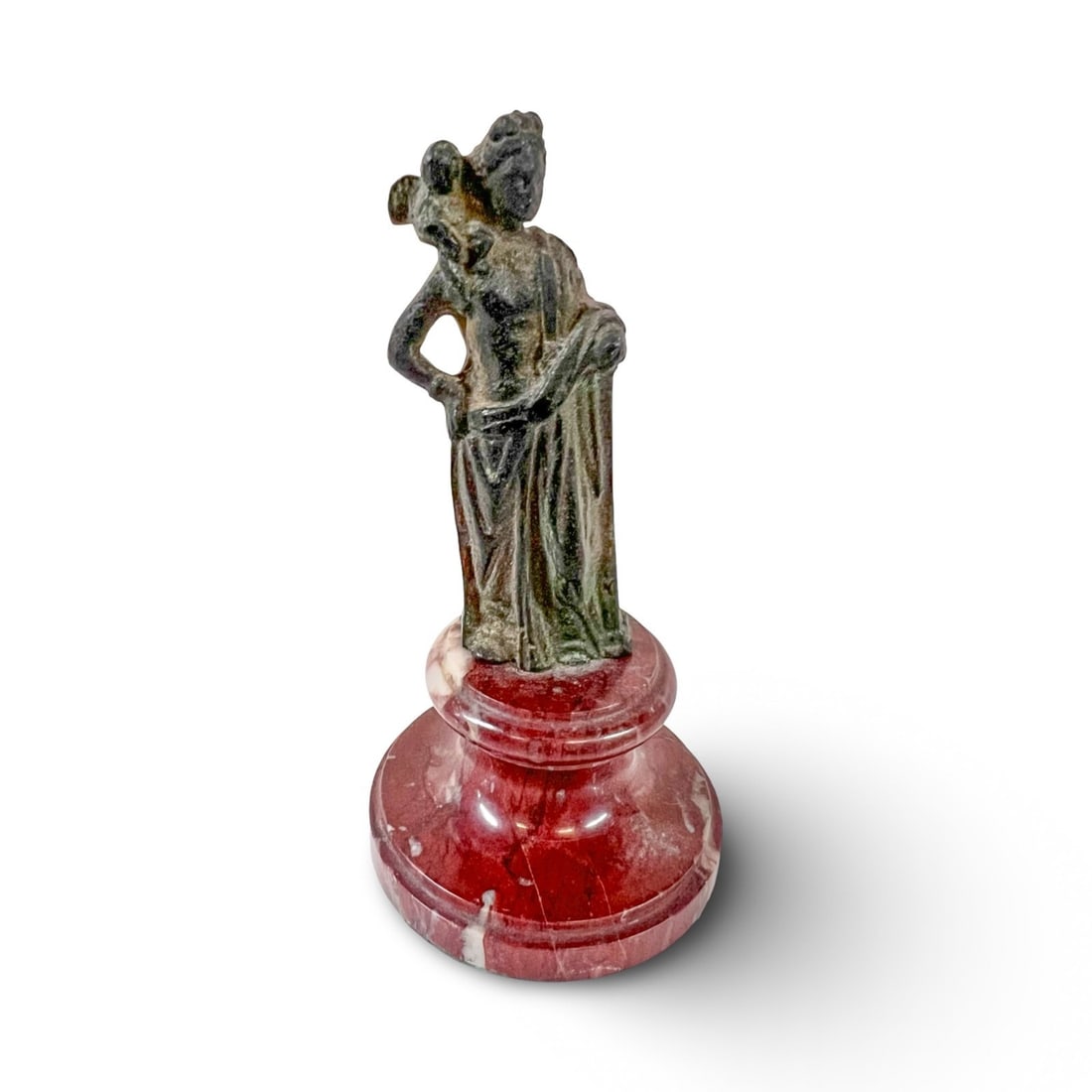 Grand Tour Bronze statuette Venus with Cupid c1925: Grand Tour Bronze statuette likely of a greek or roman classical figure of the goddess Venus with Cupid on her shoulder. Mounted on a red marble stone. Similar to the statuette found in the Egyptian F