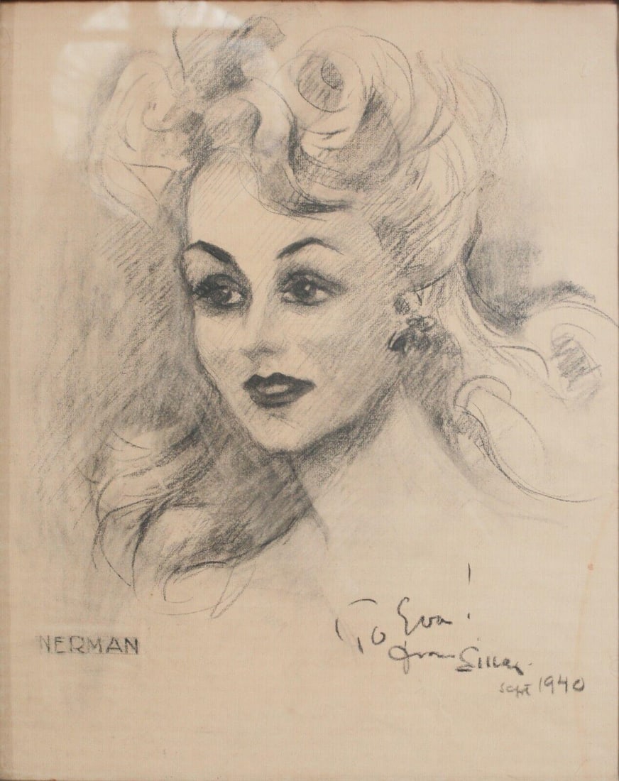 Einar Nerman (Sweden 1888 - 1983) Charcoal drawing Portrait of Eva Gabor: Einar Nerman (Sweden 1888 - 1983) Charcoal drawing on paper, Portrait of Eva (possibly Eva Gabor) signed lower left, signed inscription lower right. Wood frame and glazed. 8lbs Einar Nerman wrote song