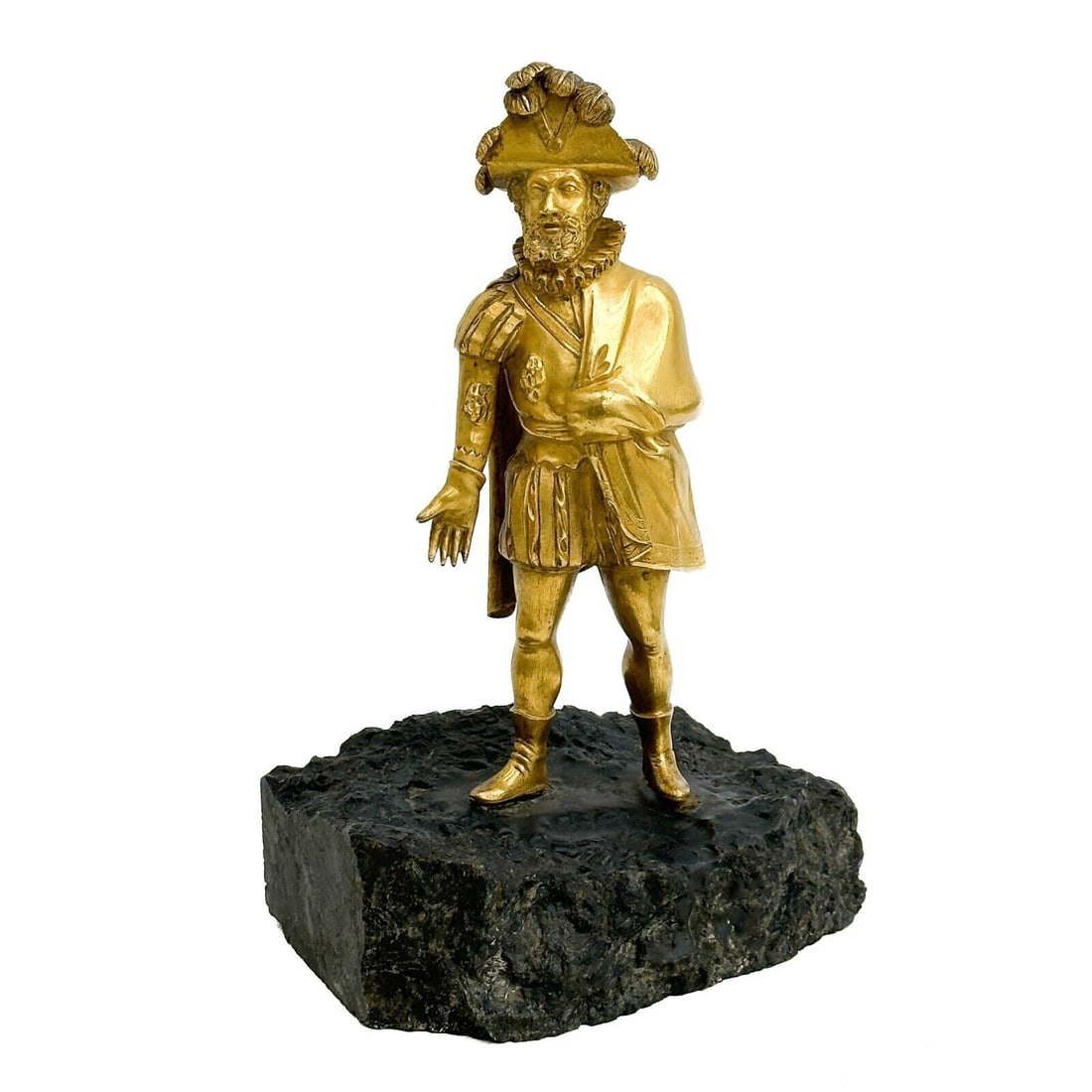 European Gilt Bronze Sculpture Mounted on a Geode Base Conquistador 19th cen: European (possibly spanish) Gilt Bronze Sculpture Mounted on a Geode Base, 19th century. Finely detailed gilt bronze Depicts a man dressed as a conquistador. Apparently unmarked. Weight: Approx. 6 lbs