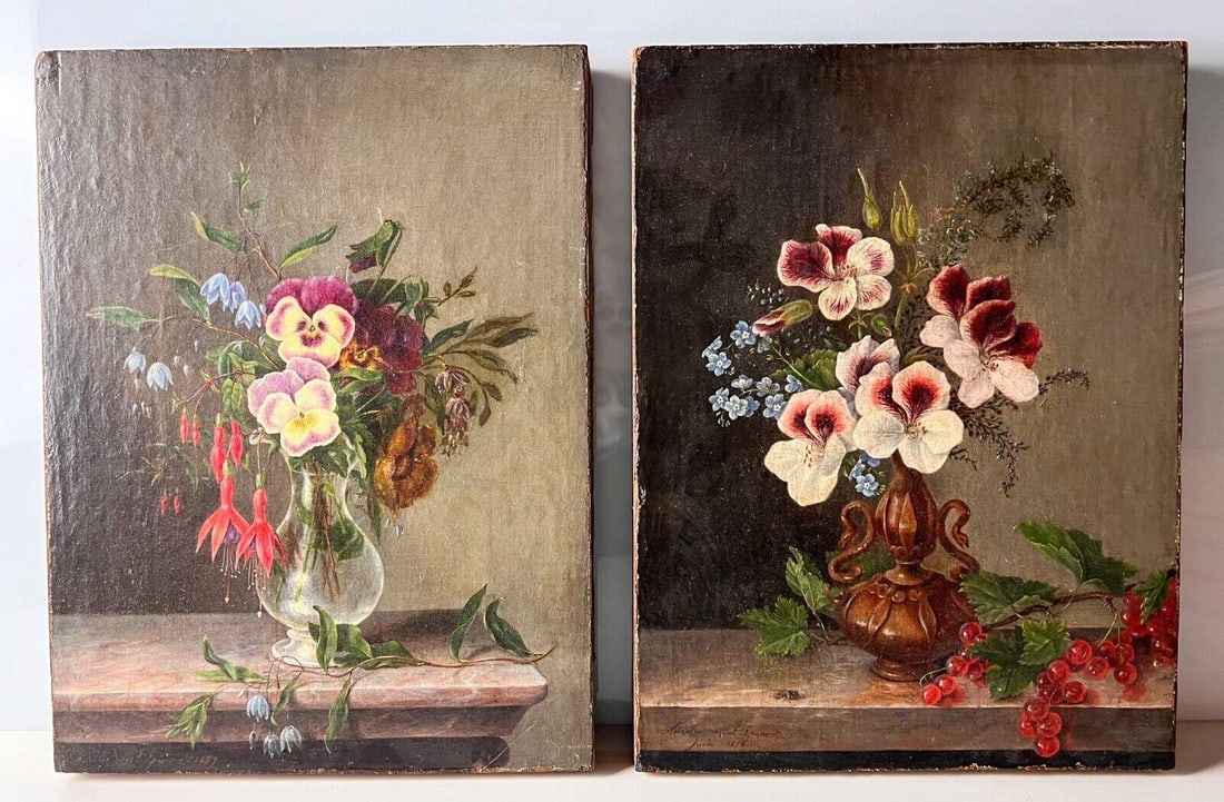 Aurelie de L'Epinois Pair of Oil Paintings Canvas mounted on wood planks: Aurelie de L'Epinois Pair of Oil Paintings Canvas (mounted on wood planks,) Floral bouquets in vases, one with berries and a fly. Signed lower left. Unframed. Weight: Approx. 2.6lb Measurements: Appro