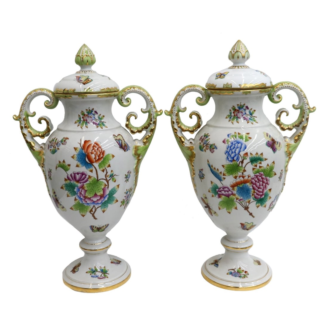 Pair Herend Hungary Twin Handled Hand Painted Porcelain Urns in Queen Victoria (1 of 12)