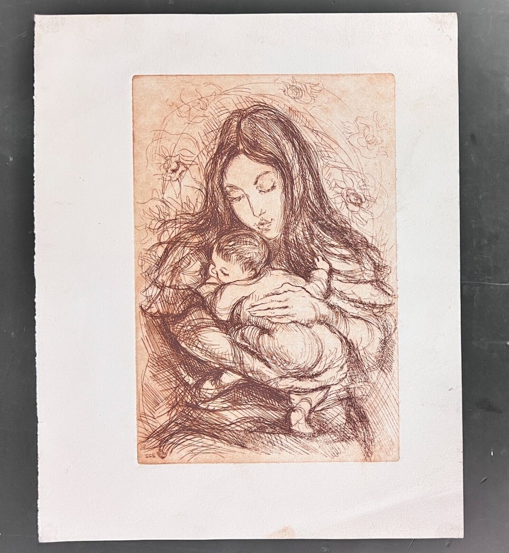 Sheldon C. Schoneberg Print Etching Mother and child (1 of 3)
