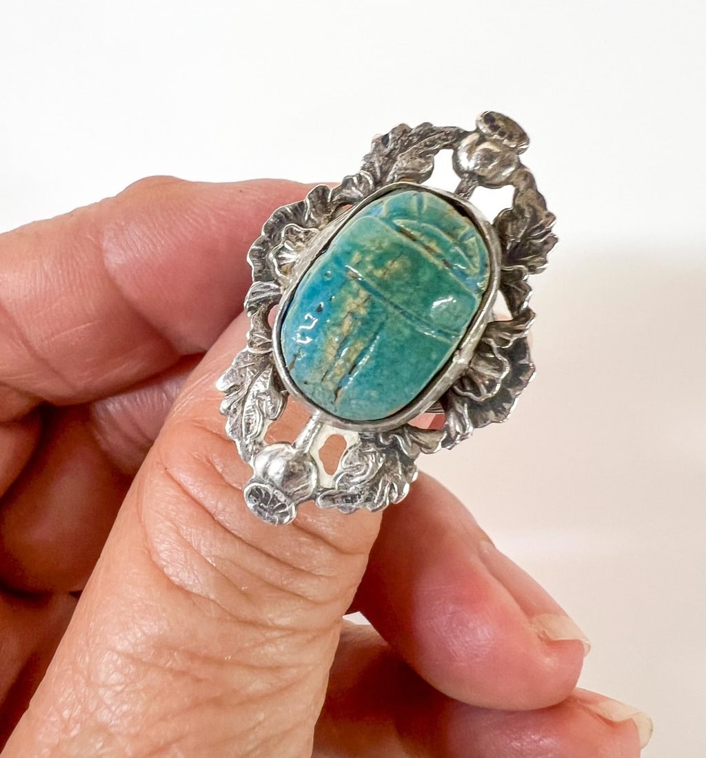 Sterling Silver Faience Scarab Ring Egyptian Revival c1920 size 8 (1 of 9)