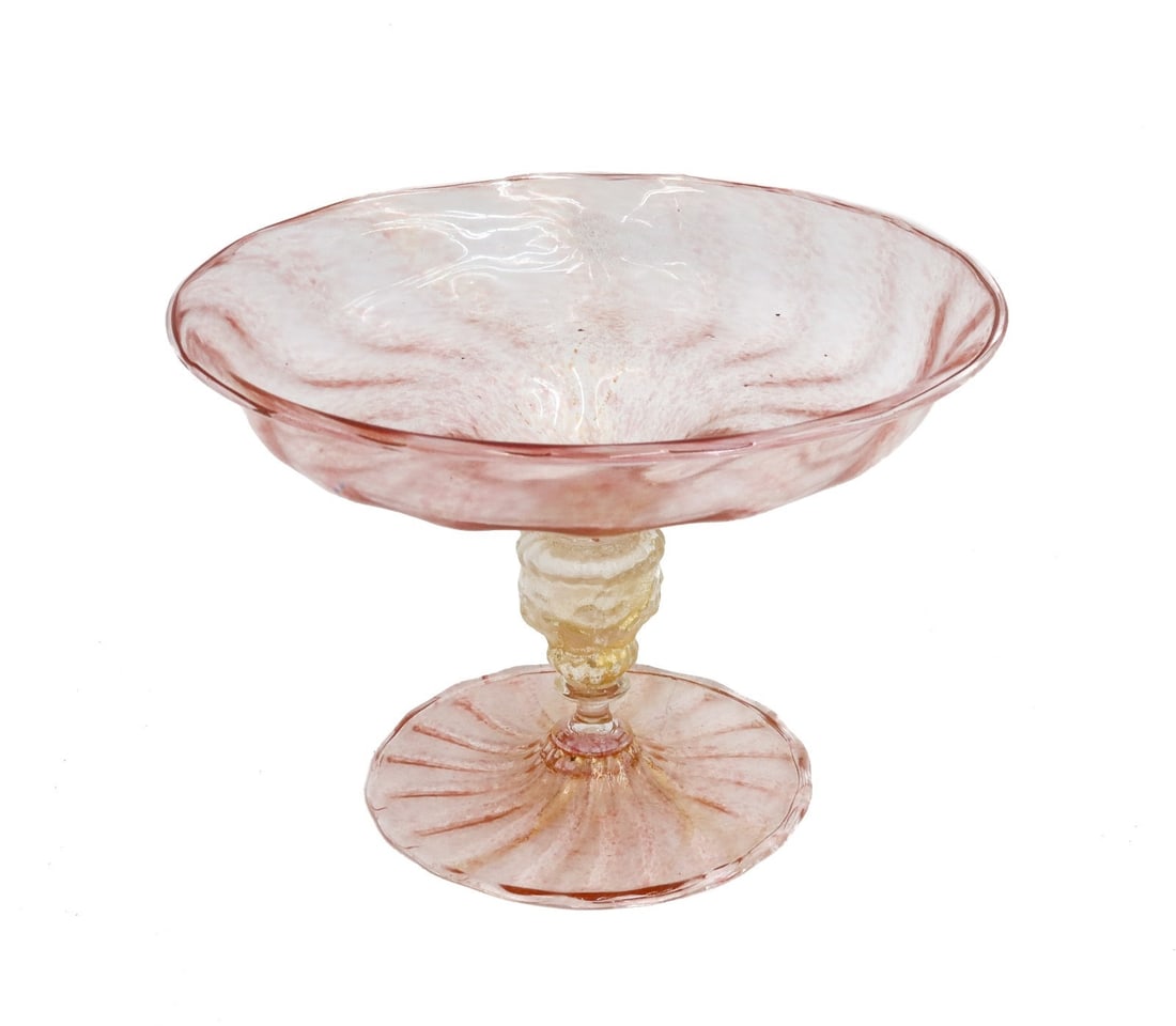 Salviati Cranberry Pink and Gold Fleck Glass Tazza: Salviati cranberry pink and gold fleck glass tazza. Gold flecks to stem. Pontil underside. Weight: Approx. 1 lbs Measurements: Approx. 7.5 inches diameter x 5.125 inches tall Condition: Great conditio