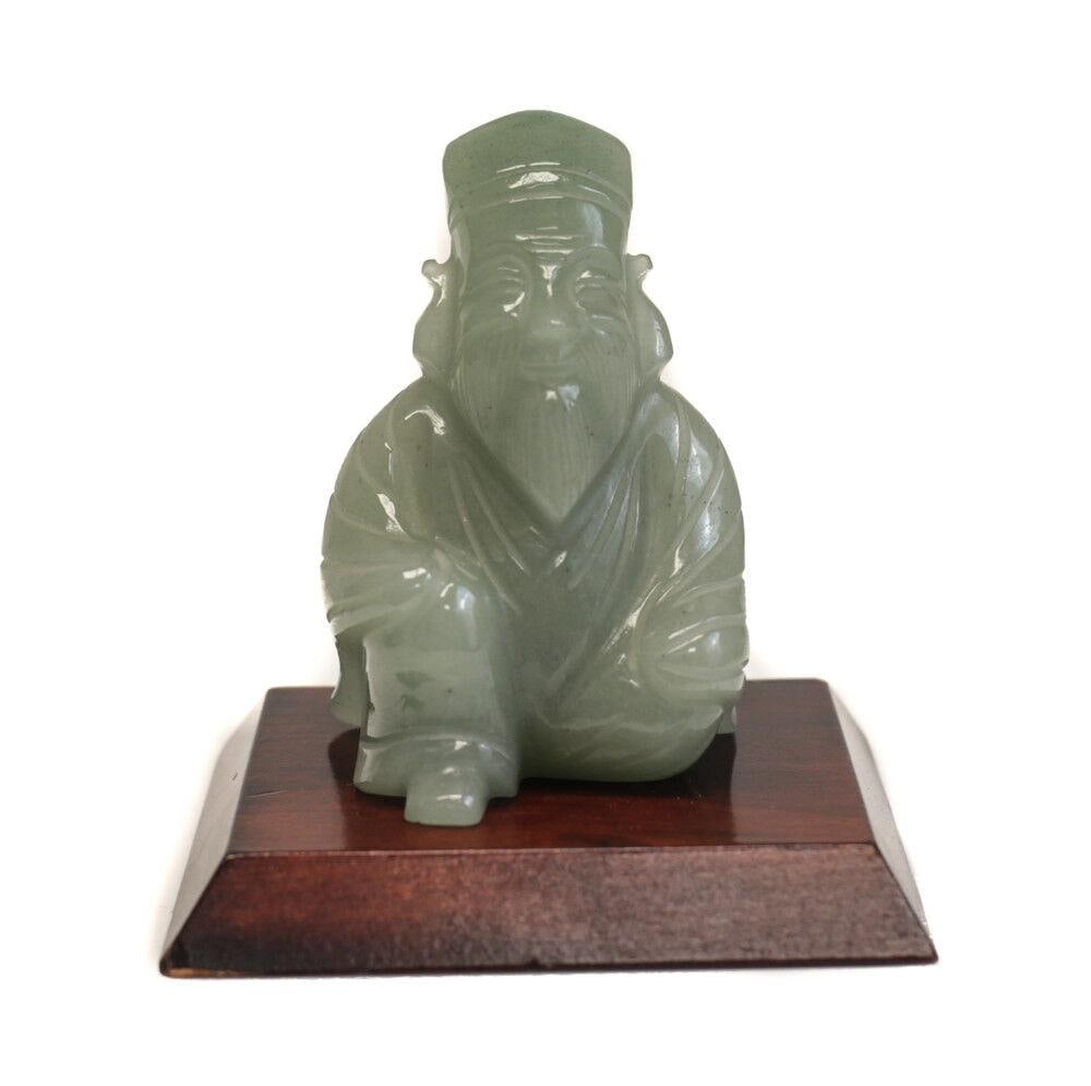 Japanese Carved Jadeite Figure, on wood base. Seated man with beard c1950 (1 of 5)
