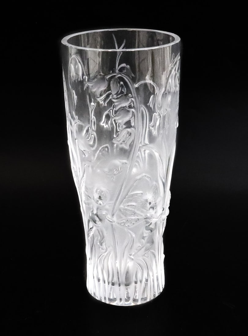Lalique France Crystal Frosted to Clear Glass Vase in Elfes Signed: Lalique France Crystal Glass Vase in Elfes, Signed. Frosted to clear with etched bellflowers throughout. Signed Lalique France to underside. Weight: Approx. 1 lb Measurements: Approx.3.25 inches diame