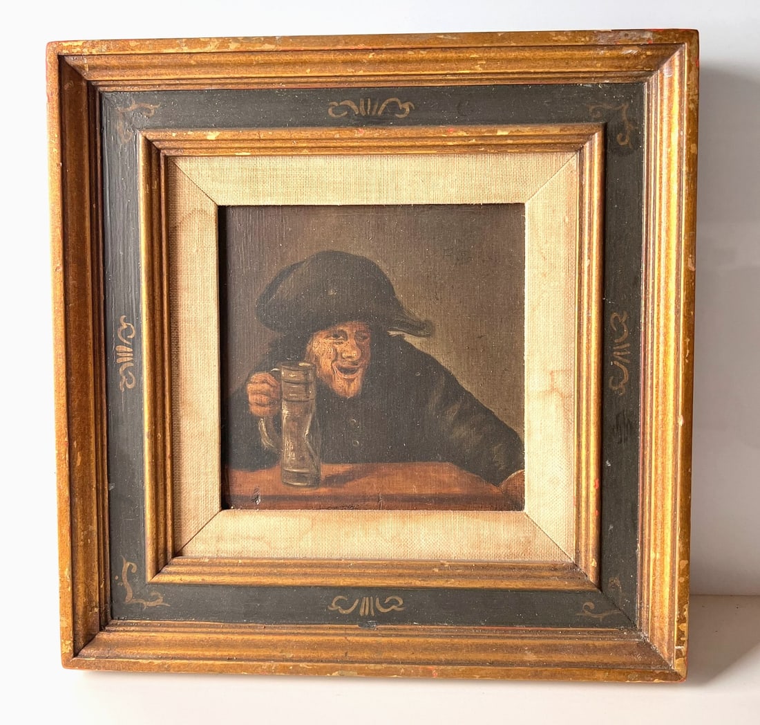 Adriaen Brouwer Oil painting on panel Peasant with Bicorne and Tankard: In the style of Adriaen Brouwer (Flemish 1605/06-1638) Oil painting on a wood panel, Peasant with Bicorne and Tankard, Unsigned, in gilt wood frame. 1lb (WSD) Measurements: Approx. 5.5 x 5.75 inches; 