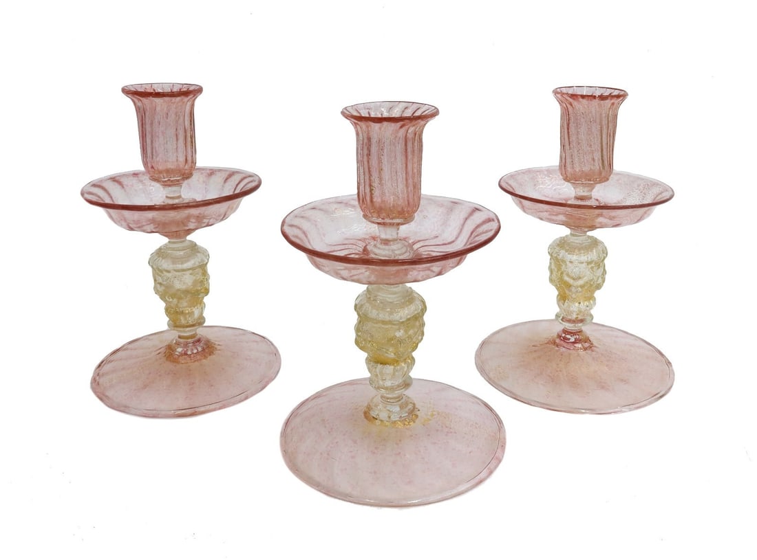 3 Salviati Cranberry Pink and Gold Fleck Candle Sticks (1 of 5)