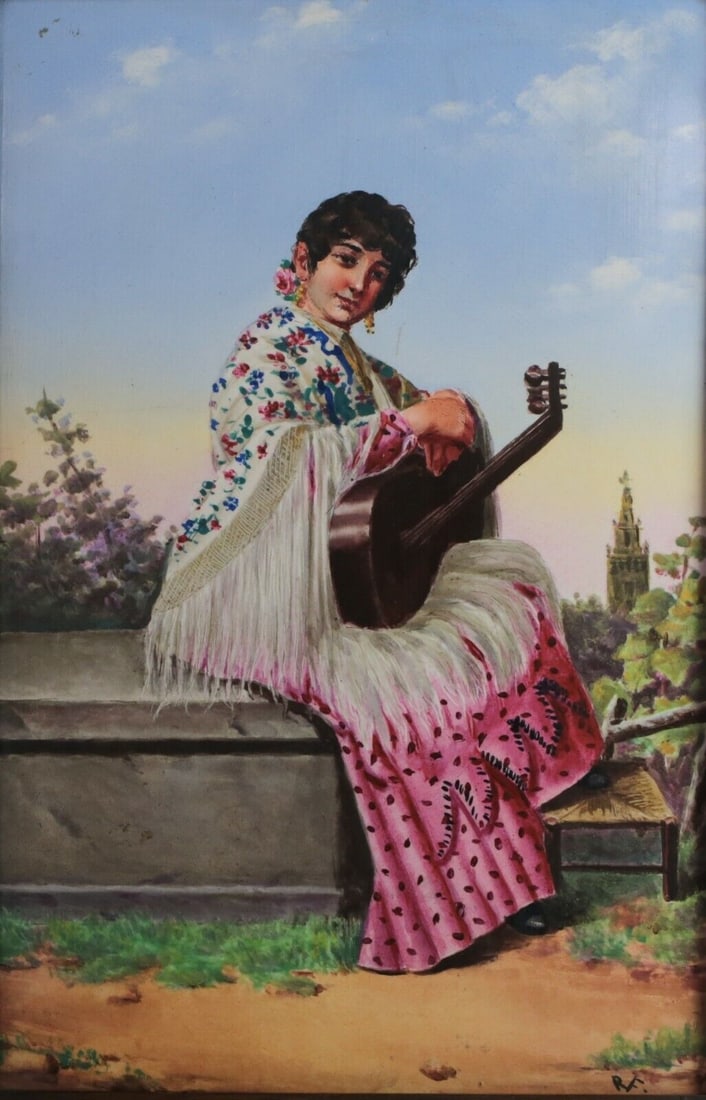 Pickman Gran Medalla Painting on Porcelain plaque, Young woman holding guitar (1 of 6)