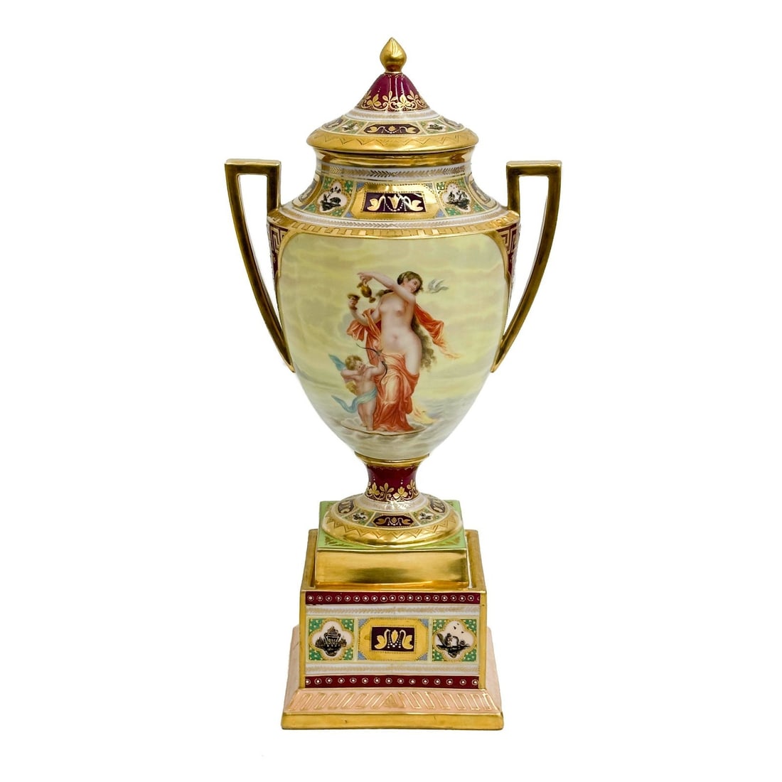 Royal Vienna Austria Painted Porcelain Lidded Urn on Stand Venus Cupid c1900: Royal Vienna Austria Hand Painted Porcelain Lidded Urn on Stand, circa 1900. Hand painted scenes with Venus and Cupid to one side, Cupid and Psyche to the other. Vienna beehive mark to the underside, 